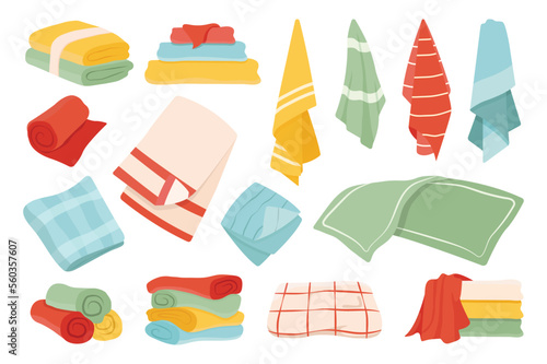 Towels for bathroom set concept without people scene in the flat cartoon style. Image of bath towels in different sizes and colors. Vector illustration.