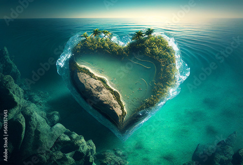 Heart shaped tropical island. Generative AI Art. Clear water in ocean.