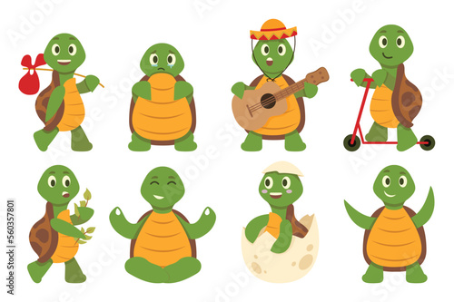 Fototapeta Naklejka Na Ścianę i Meble -  Cartoon turtles set concept without people scene in the flat cartoon design. Image of cartoon little sea turtles. Vector illustration.