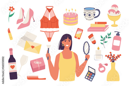 Girls stuff collection set concept with people scene in the flat cartoon design. Image of a set of things that a girl needs for a comfortable and happy life. Vector illustration.