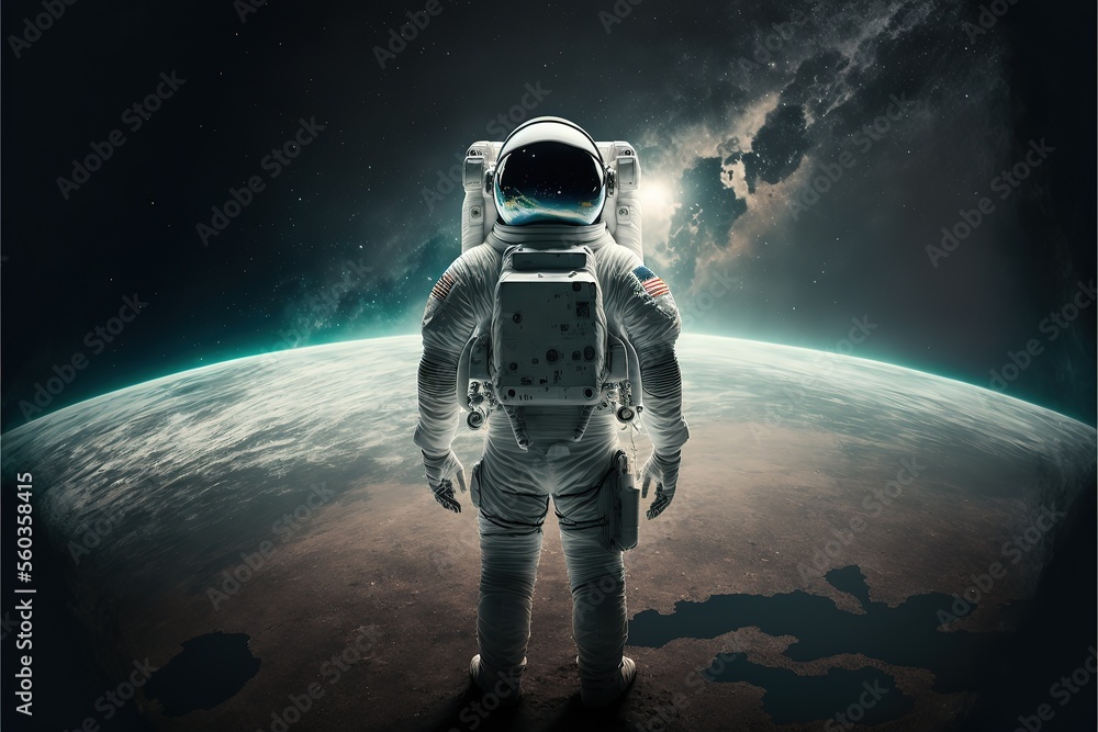 Astronaut in front of the Earth planet. Generative AI