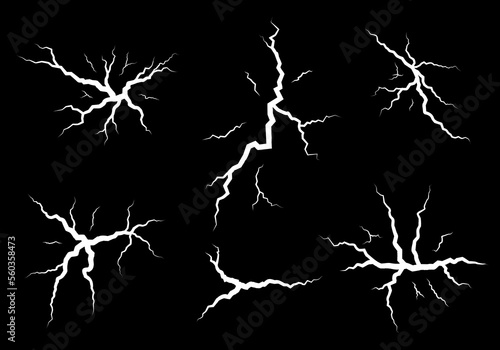 Crack effect set. Fissure texture. Wall, ground, glass, concrete cracks. Earthquake symbol collection. Vector illustration.