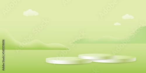 minimal geometric shape template  3d Paper cut abstract background. Green cylinder podium on green nature mountains hills landscape.Vector illustration.
