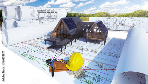 Bauplannung an einem energieeffizienten Mehrzweckgebäude in moderner Architektur ausgestatttet mit einer Fotovoltaikanlage (mit Landschaftshintergrund) - 3D Visualisierung