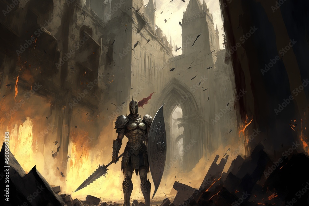 knight warrior standing with sword in a vast field. Generative AI