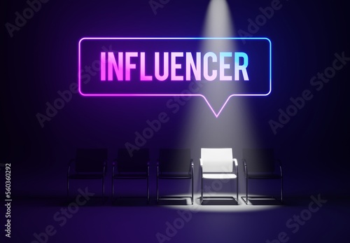 Influencer, join our team text blue and purple colors, he are hiring message, light spot on white chair - waiting interview dark room photo