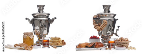 Traditional Russian samovars and treats on white background, collage. Banner design