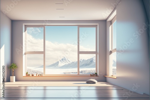 Modern luxurious white interior spacious room with stunning view. generative ai