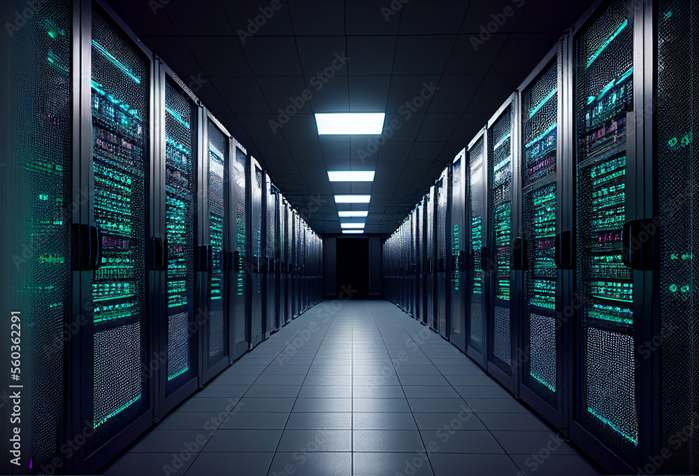 Fototapeta premium Data center. Racks with servers. Long corridor. Glowing light bulbs. Generative AI Art.