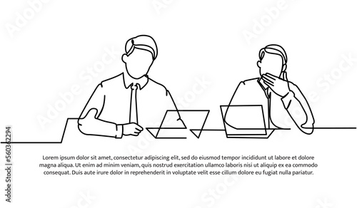 Continuous line design of two male workers working in front of laptops. Worker sleepy and active. Work overtime design concept. Decorative elements drawn on a white background.