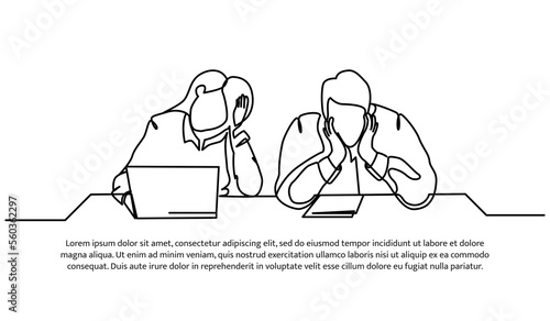 Continuous line design of male and female workers limp in front of laptop. Work fatigue design concept. Decorative elements drawn on a white background.