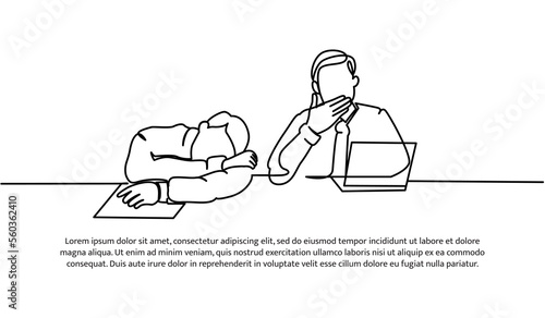 Continuous line design of two male workers limp in front of laptop. Work fatigue design concept. Decorative elements drawn on a white background.