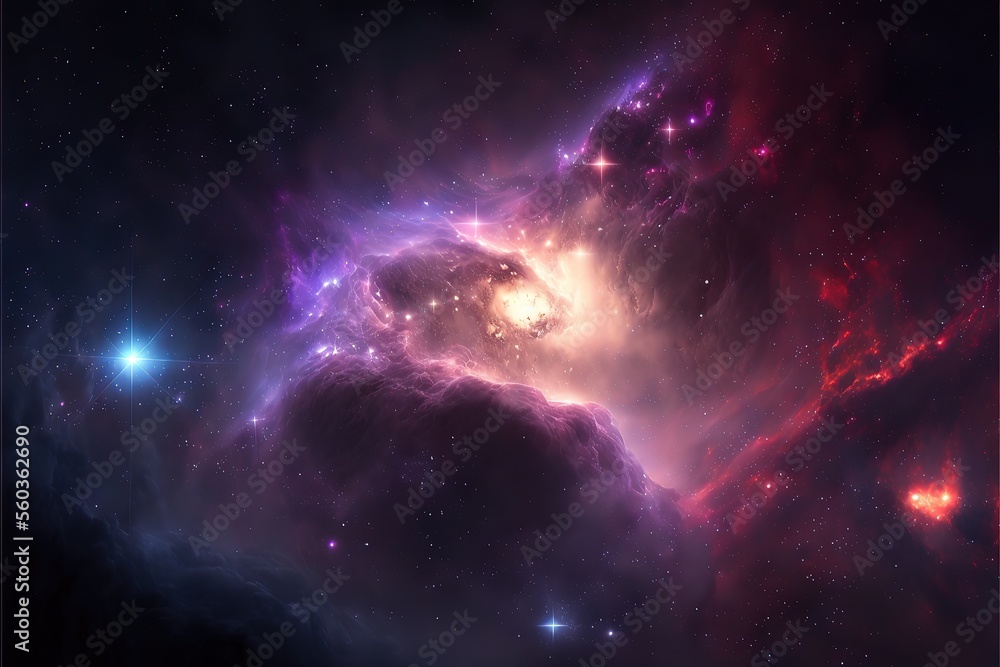 Glowing huge nebula with young stars. Space background,illustration. Generative AI