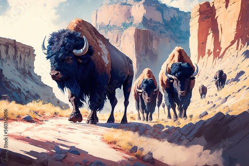 bison colorful watercolor painting style. Grand canyon. USA. Generative AI photo