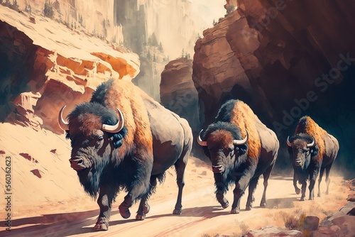 bison colorful watercolor painting style. Grand canyon. USA. Generative AI photo