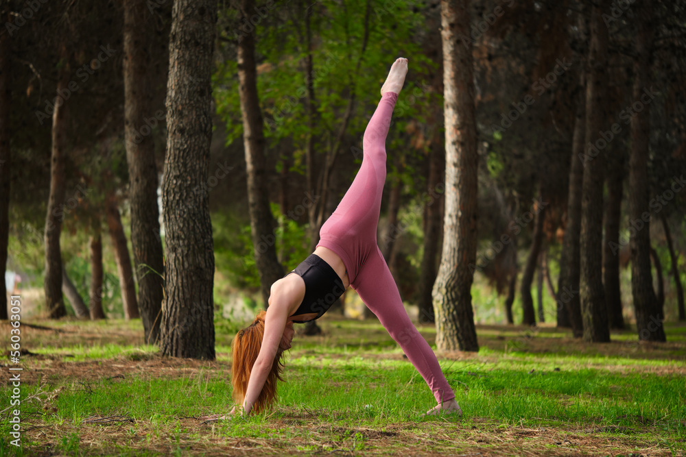 Fototapeta premium Redhead young woman doing one legged downward facing dog yoga pose in a forest. Practicing yoga in nature.