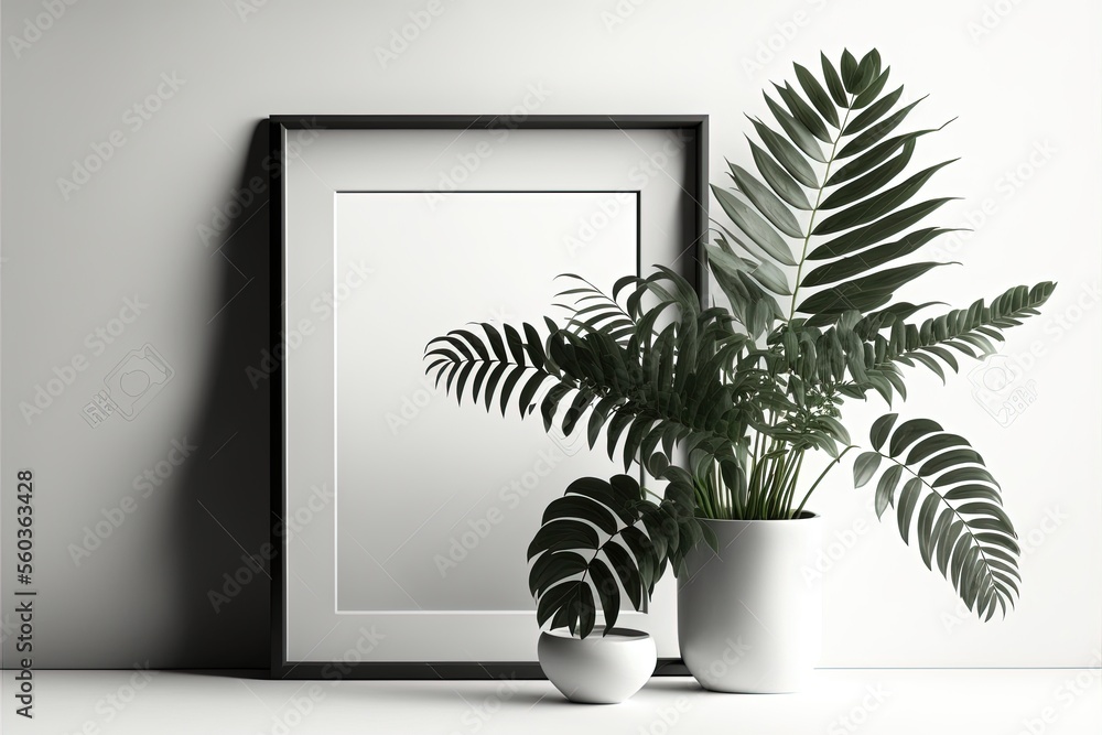Beautiful white room with empty square frame and plant in a pot ...