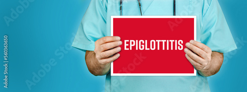 Epiglottitis (Kehldeckelentzündung). Arzt zeigt rotes Schild mit medizinischen Wort. Blauer Hintergrund. photo