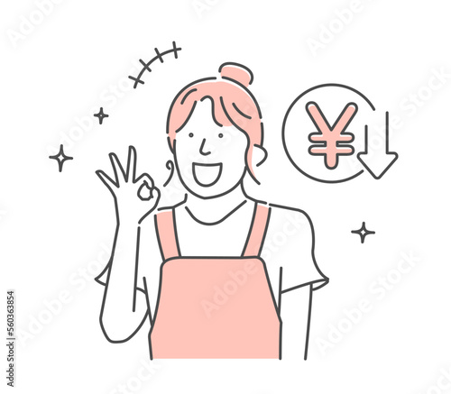 Vector illustration of a young woman (housewife) who is pleased with cost reduction