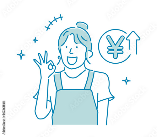 Vector  illustration of a young woman (housewife) who is pleased with the increase in money