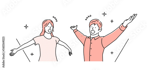 Vector illustration of young man and woman  spreading their arms