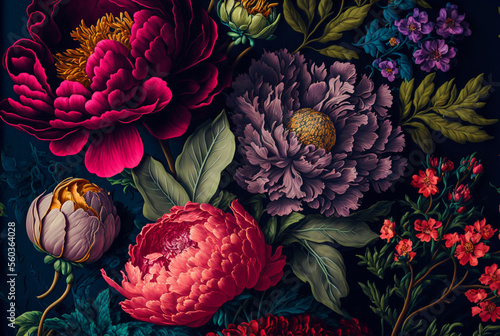 Fényképezés beautiful fantasy vintage wallpaper botanical flower bunch,vintage motif for floral print digital background