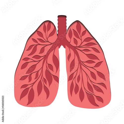 Vector paper cut illustration of healthy human lungs with tree branch isolated from background. Human body organ. Save the earth