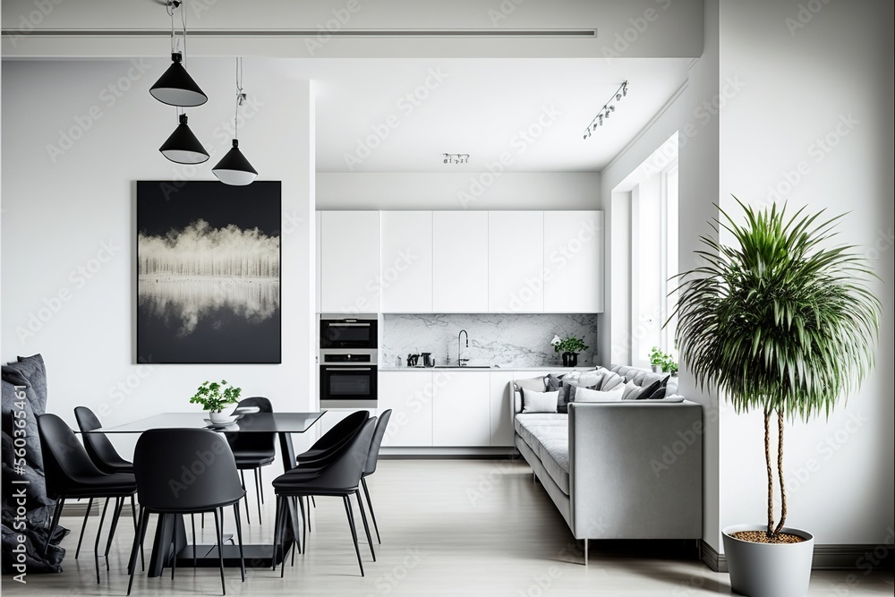 Fototapeta premium Luxurious contemporary living room with kitchen interior design. Generative ai