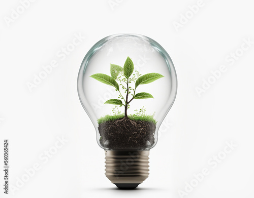 Light Bulb with sprout inside isolated in white background. Small plant growing inside a lightbulb. Generative AI