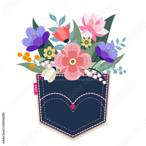 Bouquet of beautiful flowers in jeans pocket isolated