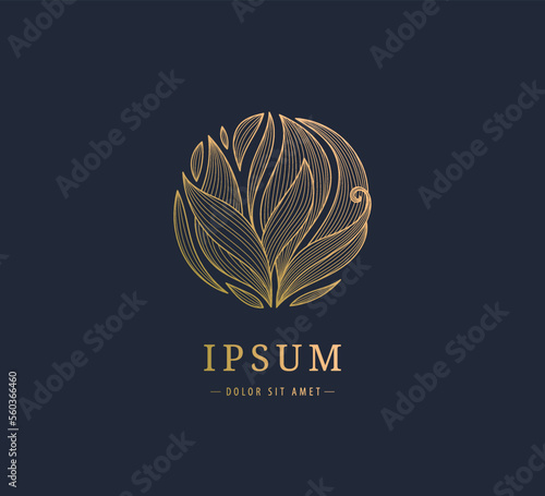 Vector wavy linear plant logo. Circle gold luxury organic emblem. Abstract badge for natural products, flower shop, cosmetics, ecology, health, spa, yoga center. Leaves and florals icon, hand drawn.
