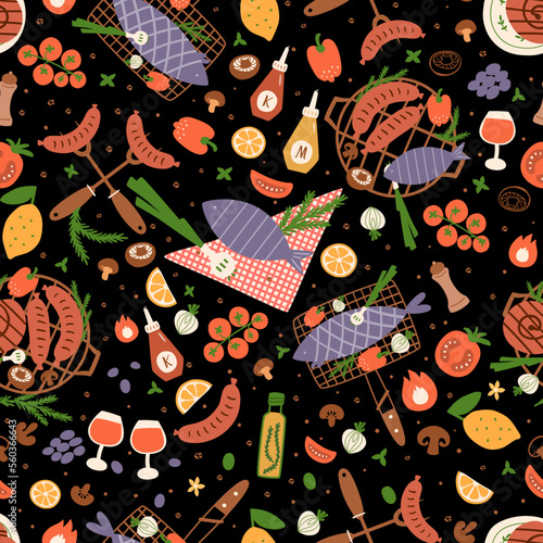 BBQ party seamless pattern. BBQ party food repeat background. Summer picnic wallpaper with barbecue grill, roasted sausages, tomatoes vegetable grilled fish. Cartoon picnic food vector illustration.