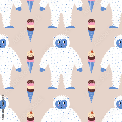 Cute baby yeti and ice cream hand drawn vector illustration. Funny big foot character in flat style seamless pattern for kids fabric or wallpaper.