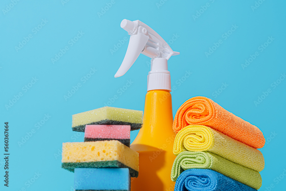 spring cleaning concept. detergent bottle and sponges for cleaning