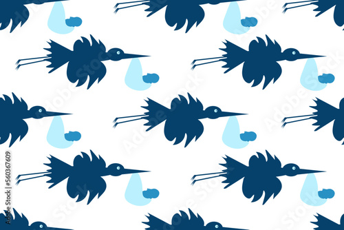 Seamless background with a Stork holding a diaper with a Newborn Baby in its beak. Wallpaper and bed linen print for children room. Website banner for perinatal center or womens consultation.