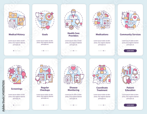 Chronic conditions management onboarding mobile app screen set. Walkthrough 5 steps editable graphic instructions with linear concepts. UI, UX, GUI template. Myriad Pro-Bold, Regular fonts used