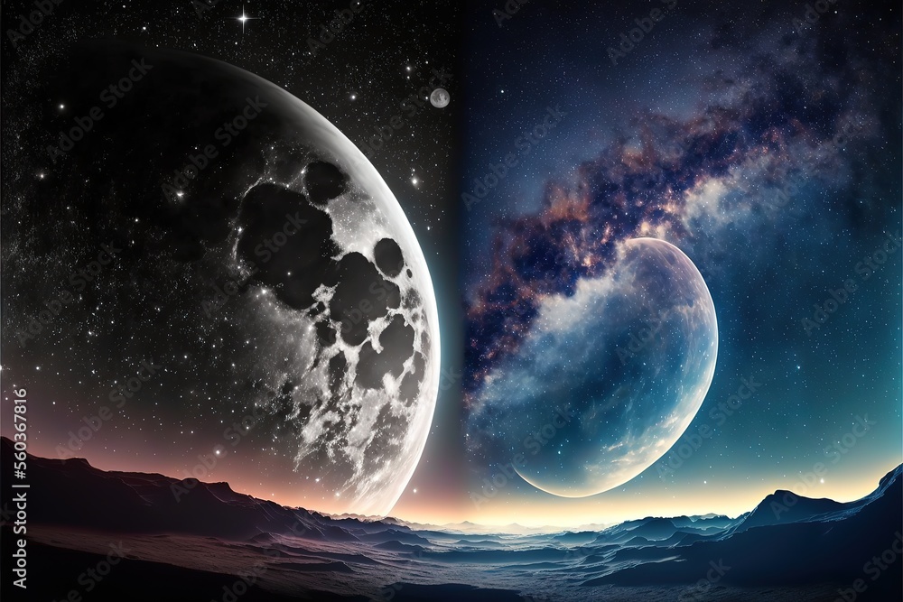 Space scene with milky way and stars in the sky. Day and night on earth from moon. Generative AI