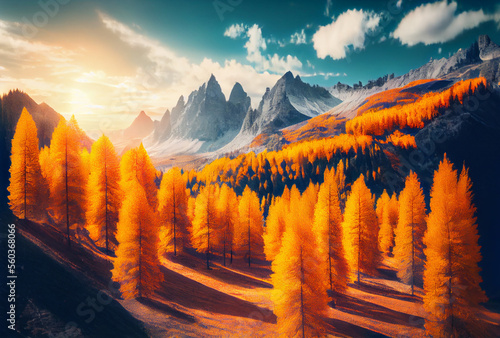 Autumn landscape in the Alps. High mountains. Dolomites. Forest with orange trees. Generative AI Art. photo