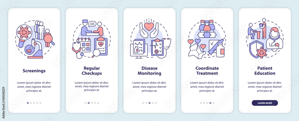 Chronic disease management approach onboarding mobile app screen. Walkthrough 5 steps editable graphic instructions with linear concepts. UI, UX, GUI template. Myriad Pro-Bold, Regular fonts used Chronic disease management approach onboarding mobile app screen. Walkthrough 5 steps editable graphic instructions with linear concepts. UI, UX, GUI template. Myriad Pro-Bold, Regular fonts used