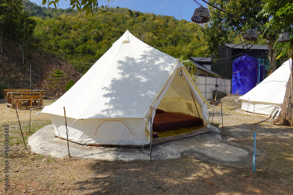 Family tent at campsite near the mountain in Thailand    
