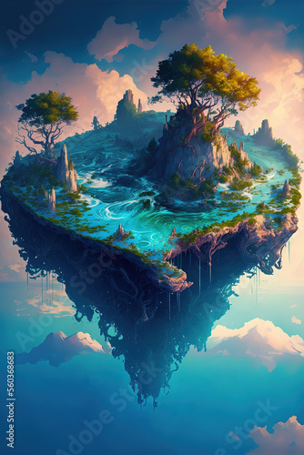 sky fantasy island, floating island with pools and trees, fairy tale, art illustration