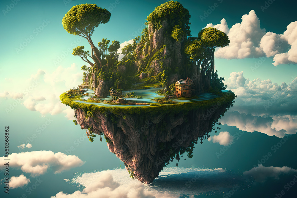 sky fantasy island, floating island with pools and trees, fairy tale, art  illustration Stock Illustration