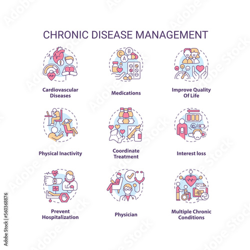 Chronic disease management concept icons set. Lifestyle and treatment. Medical care idea thin line color illustrations. Isolated symbols. Editable stroke. Roboto-Medium, Myriad Pro-Bold fonts used