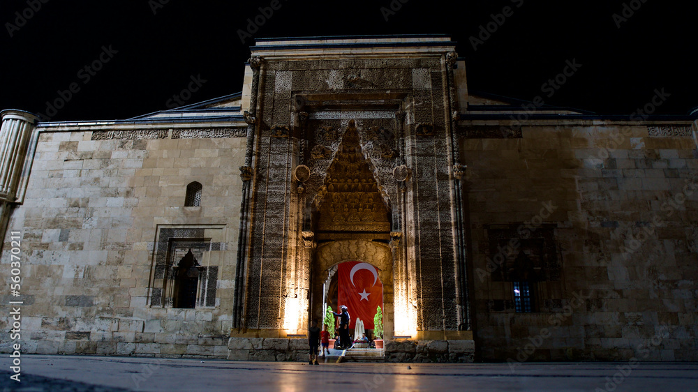 Fototapeta premium Sivas, TURKEY - 08 15, 2022: Sivas Hatuniye Madrasa. Historical Seljuk artifact. Today it is used as a social space.