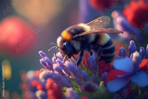 Fotografiet A bumble bee gathering nectar from colorful flowers