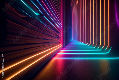 Futuristic abstract background. Glowing neon colored lines. Created with generative AI