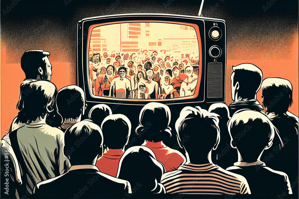 People crowd watching TV on dark background. TV addiction, propaganda and fake news concept. Created with Generative AI - obrazy, fototapety, plakaty 