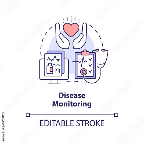 Disease monitoring concept icon. Tracking and analysis. Chronic disease management abstract idea thin line illustration. Isolated outline drawing. Editable stroke. Arial, Myriad Pro-Bold fonts used
