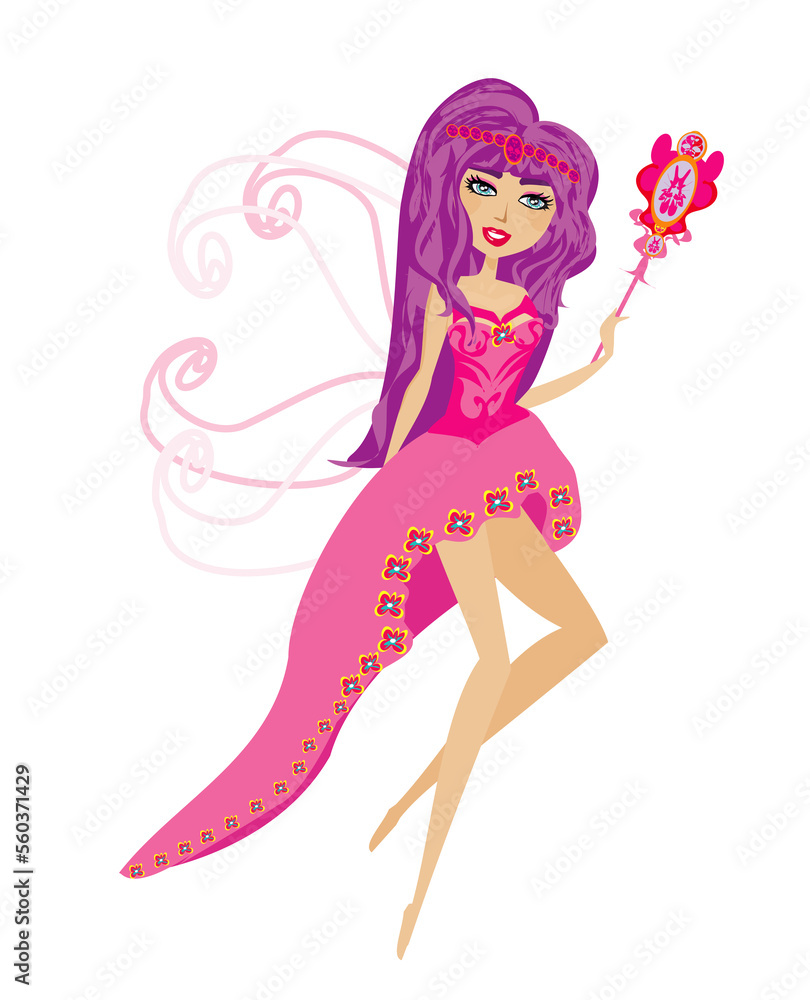 Beautiful fairy with magic wand flies like a butterfly on her beautiful wings - isolated illustration