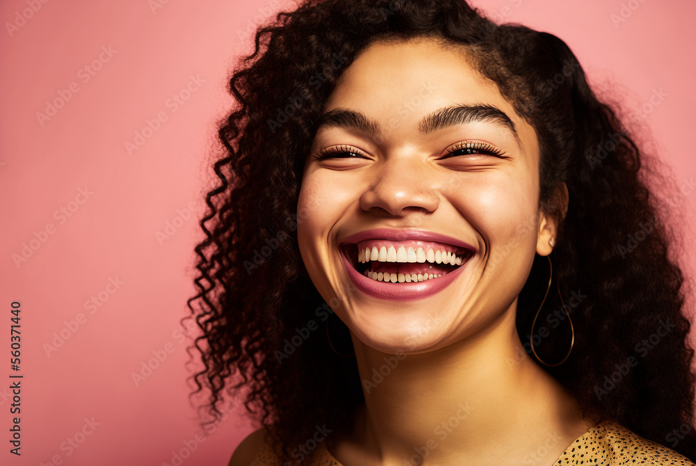 Generative ai mixed race young woman isolated background smiling having fun Generative ai mixed race young woman isolated background smiling having fun